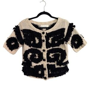 Charlie & Robin Anthropologie 100% Wool Chunky Knit Short Sleeve Cardigan Cream